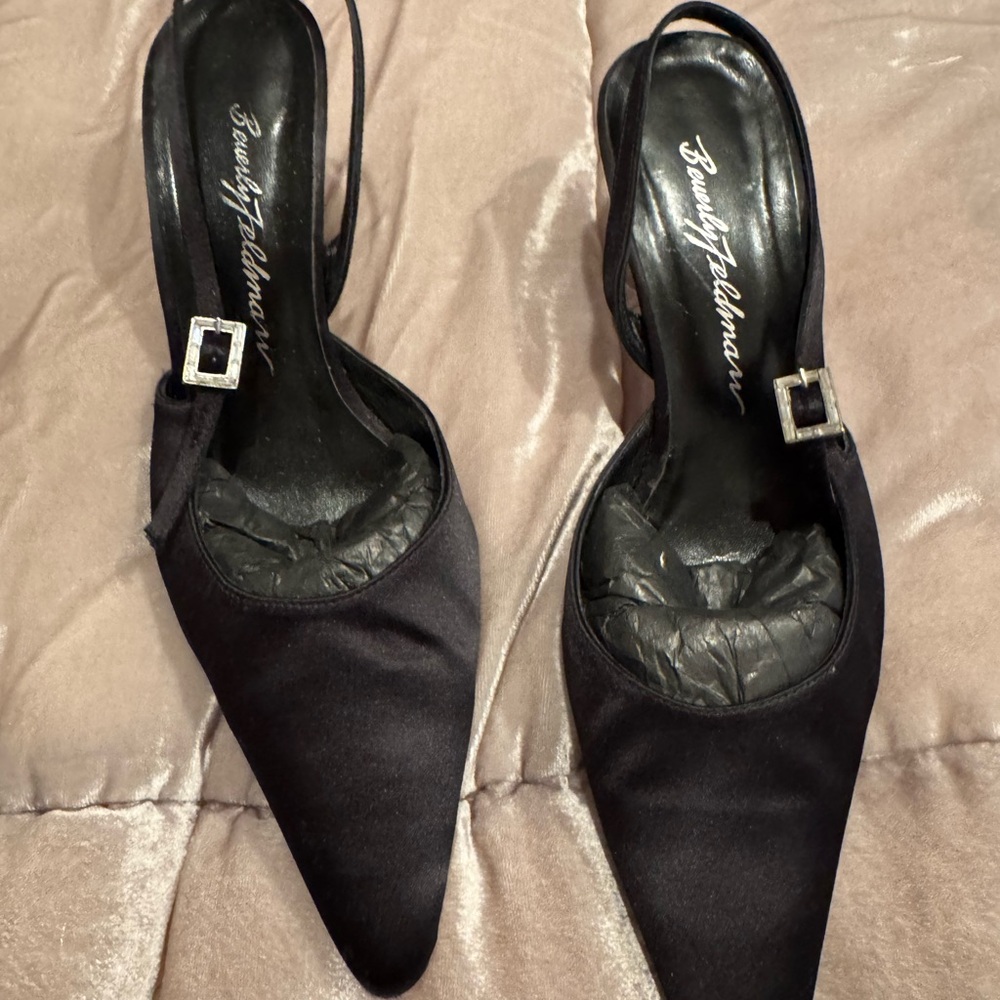 Beverly Feldman Black Satin Slingback Heels